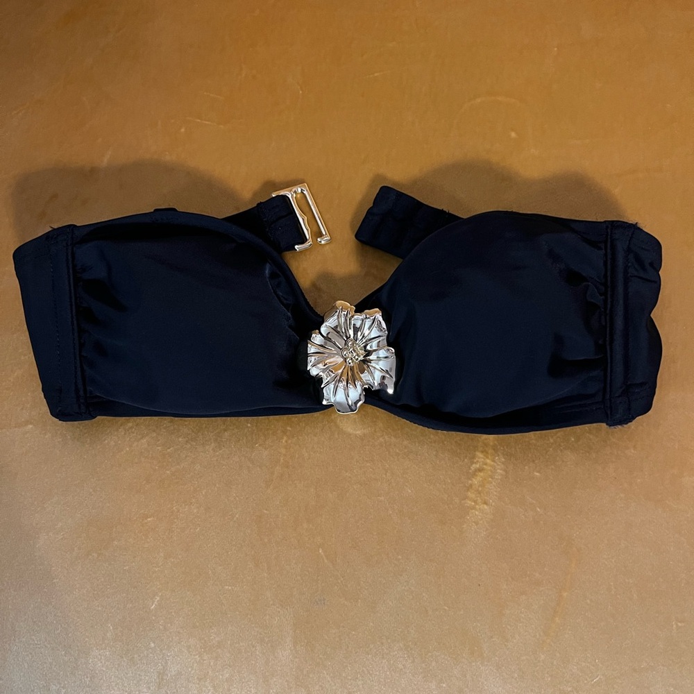 Black Strapless Bikini Top with Gold Floral Accent